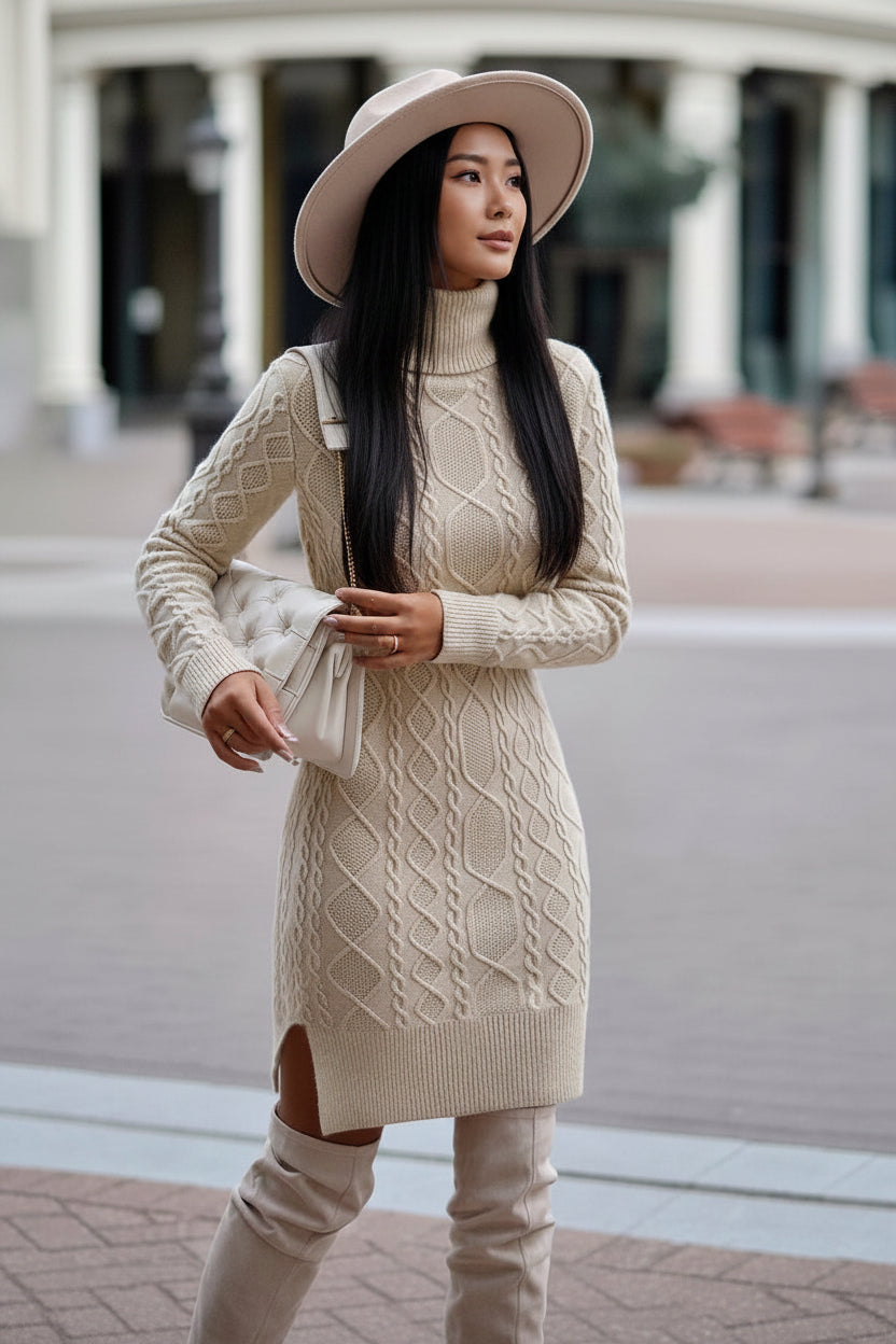 Woman wearing a beige cable knit sweater dress with white boots in an urban setting.