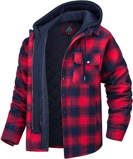 Red and black plaid jacket with a hood on a white background