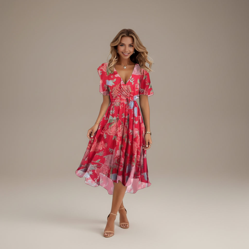 Woman wearing a red floral dress on a white background