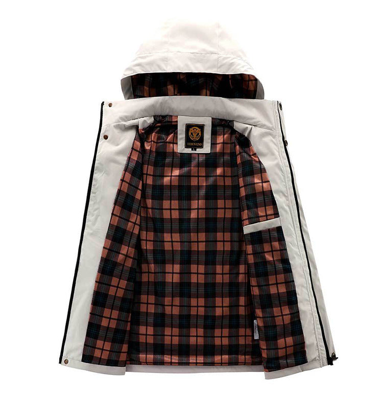 Plaid jacket with white hood and plaid pattern on a white background