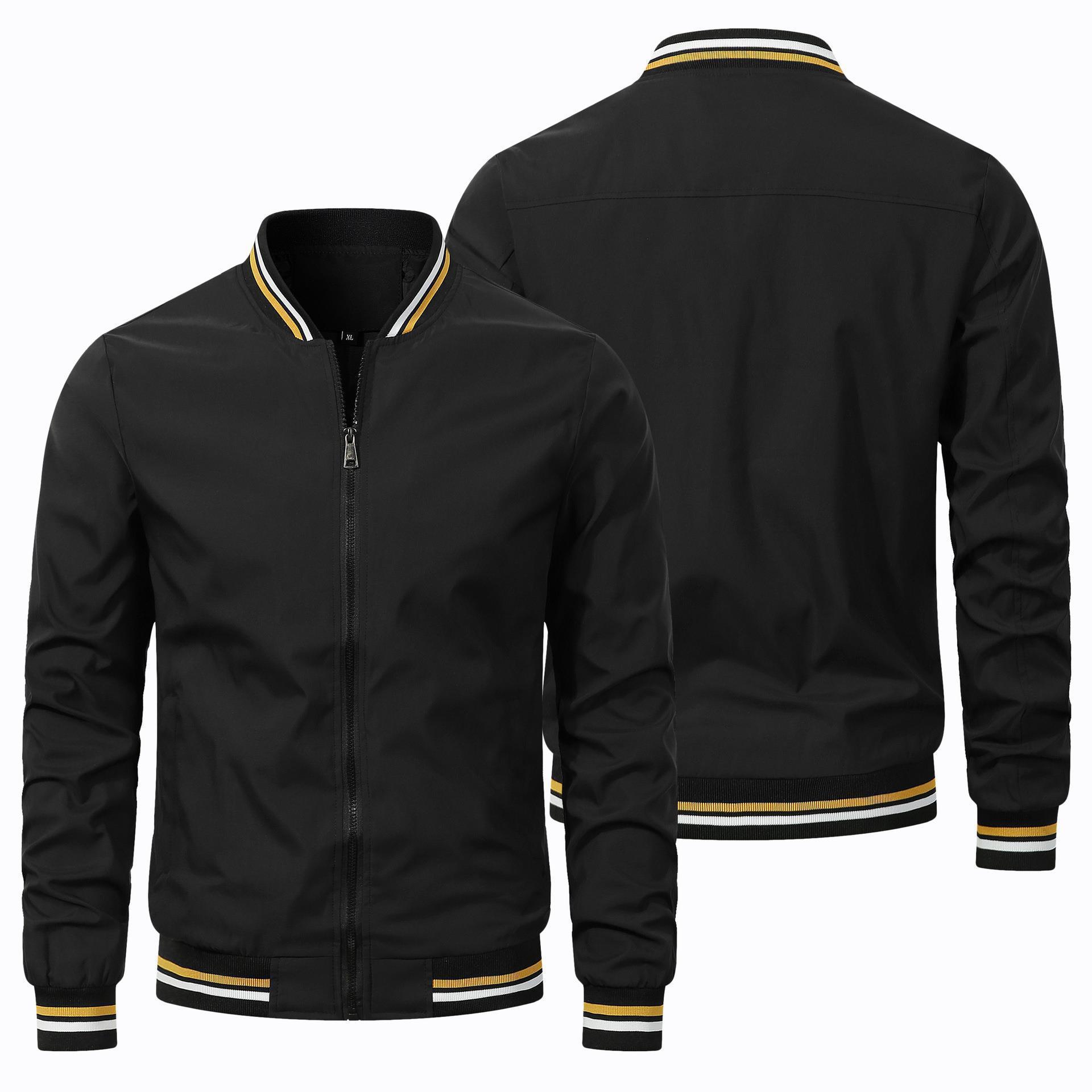 Black jacket with yellow and white trim on a white background