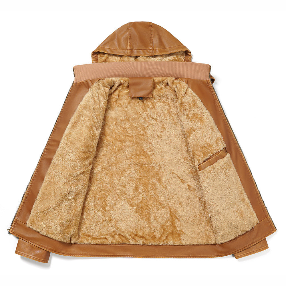 Brown fur-lined jacket with leather accents on a white background