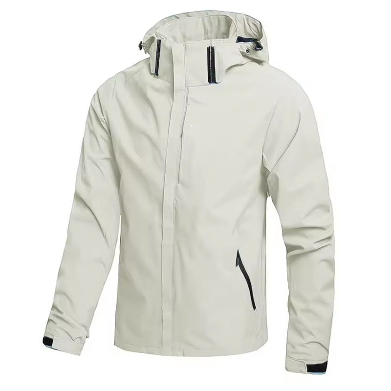 Light gray jacket with black accents on a white background