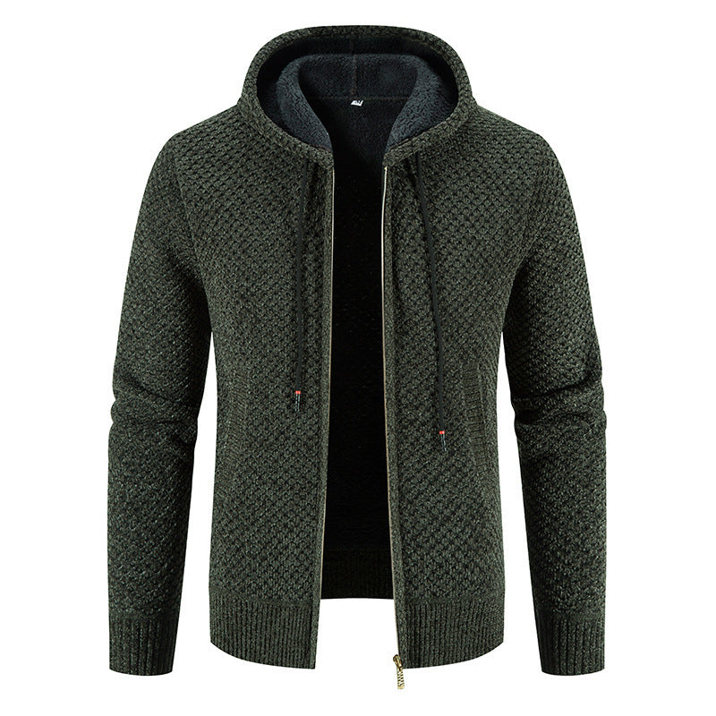 Green knitted hoodie with a zipper on a white background