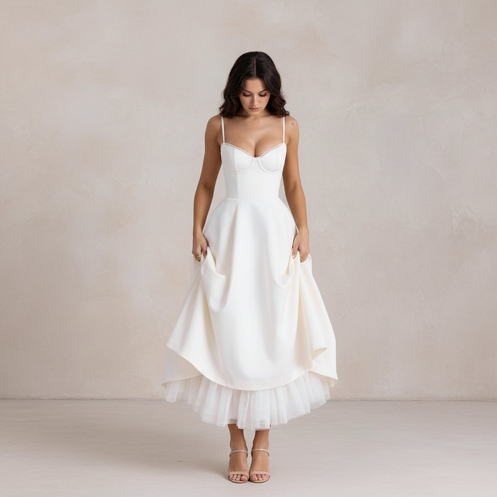 White dress with a high-low hemline on a white background