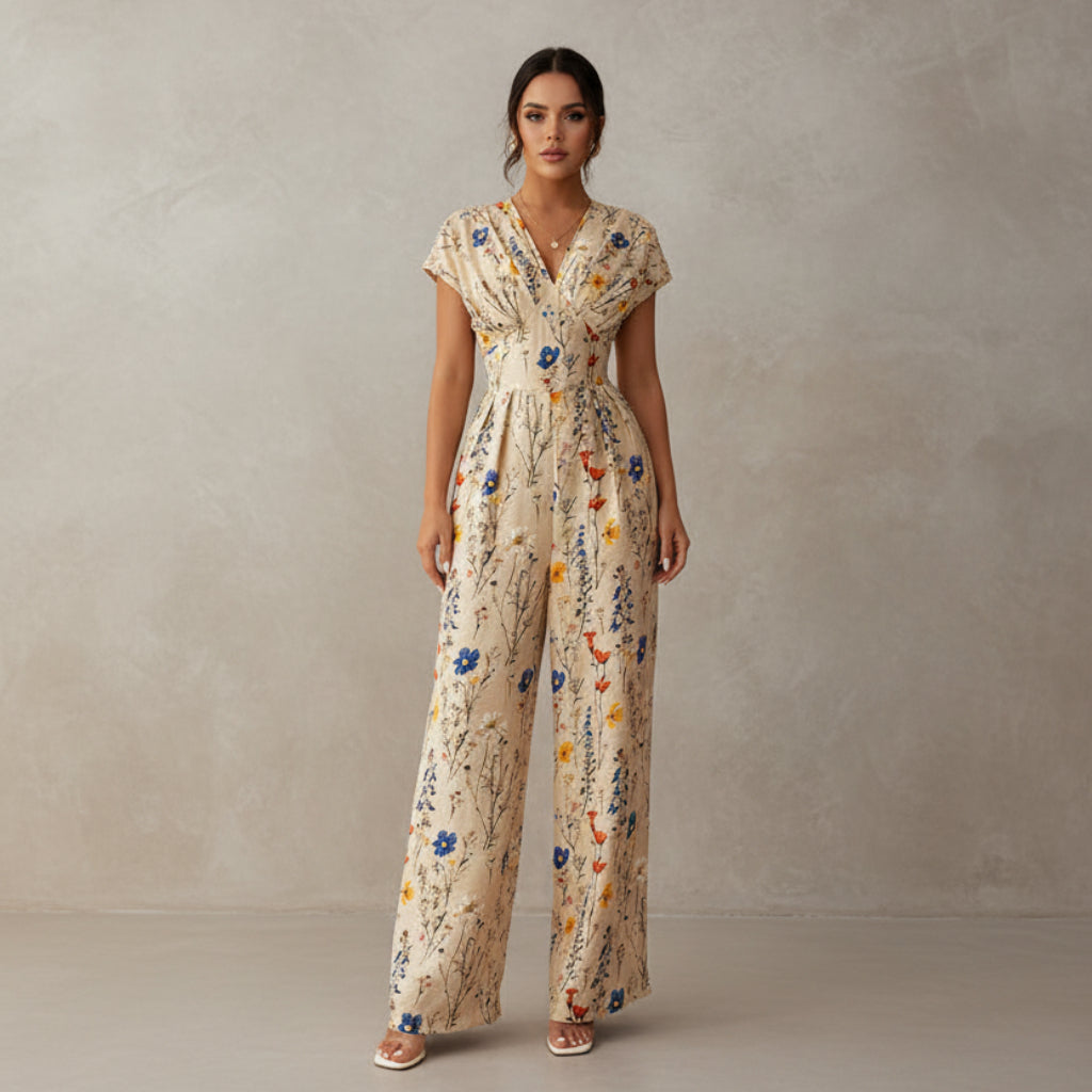 Woman wearing a floral jumpsuit standing in a room with gray flooring and white curtains.