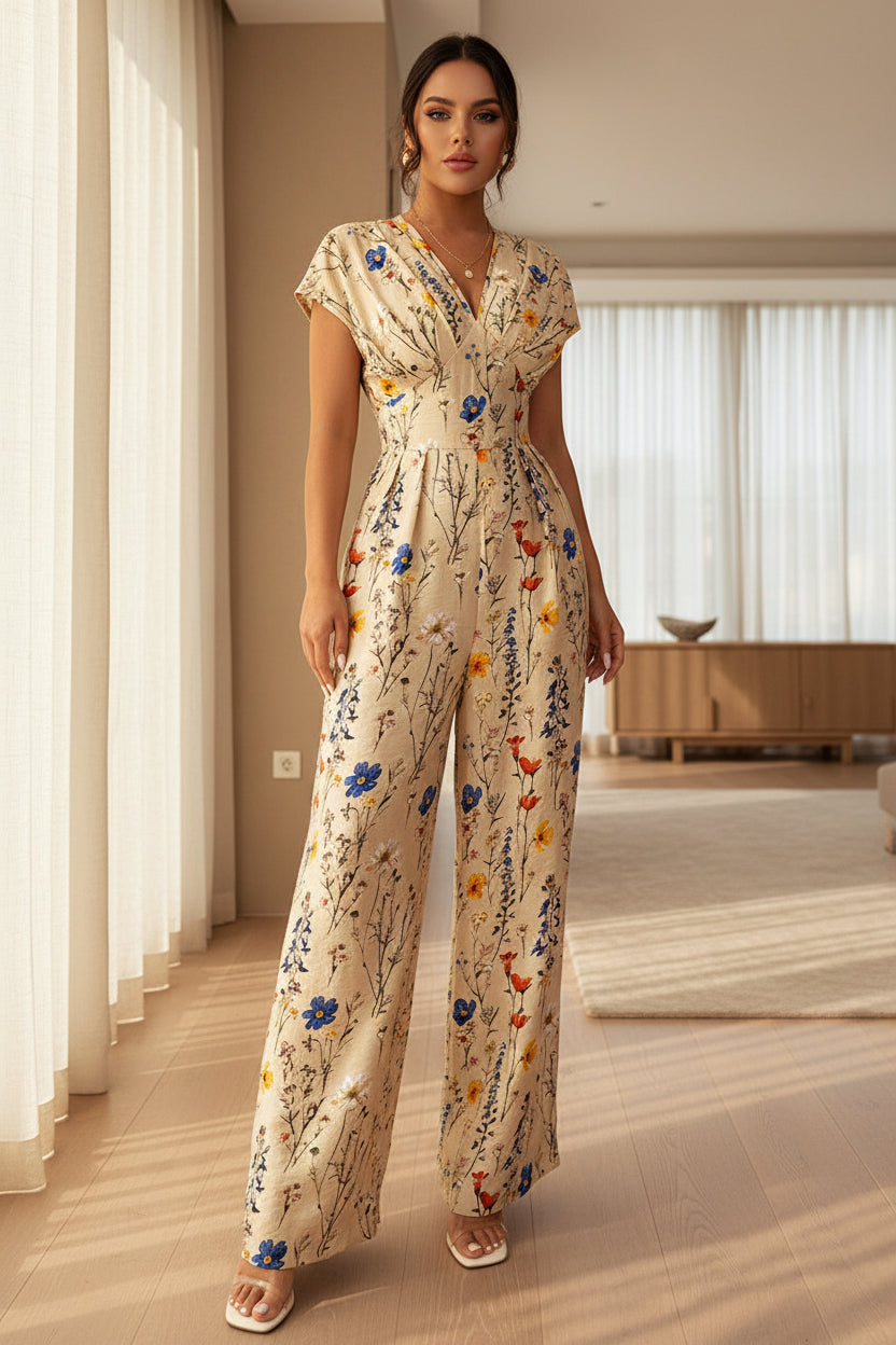 Woman wearing a floral jumpsuit standing in a room with gray flooring and white curtains.