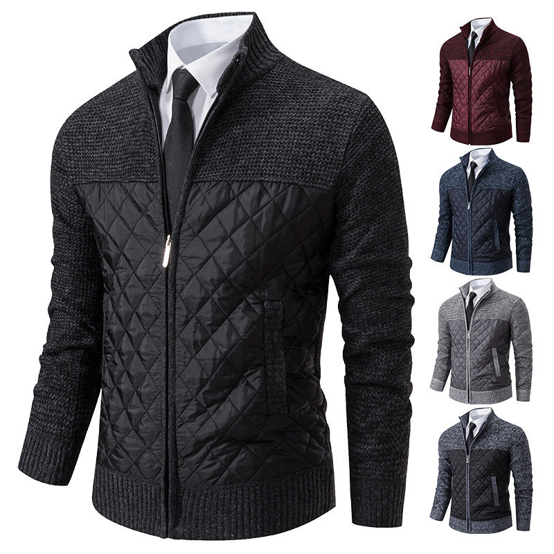 Black quilted jacket with white shirt and tie on a white background, surrounded by other color options.