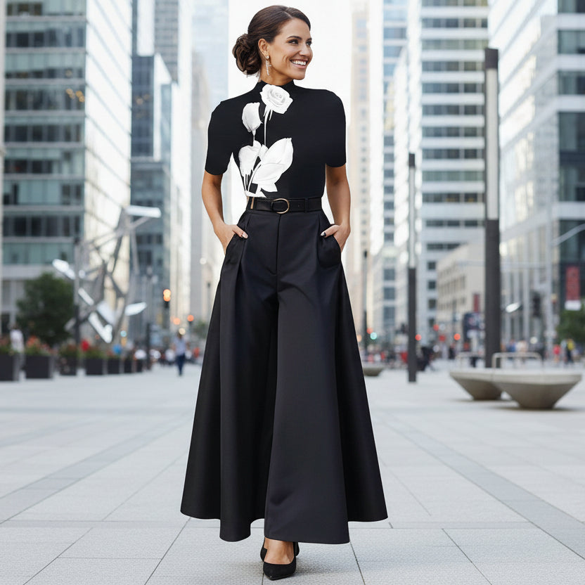 Woman wearing a black outfit with white floral design on a white background