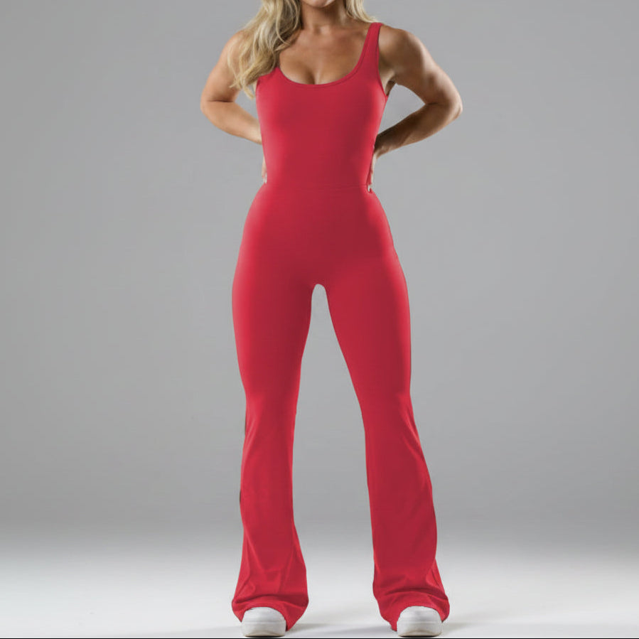 Red jumpsuit worn by a person on a gray background