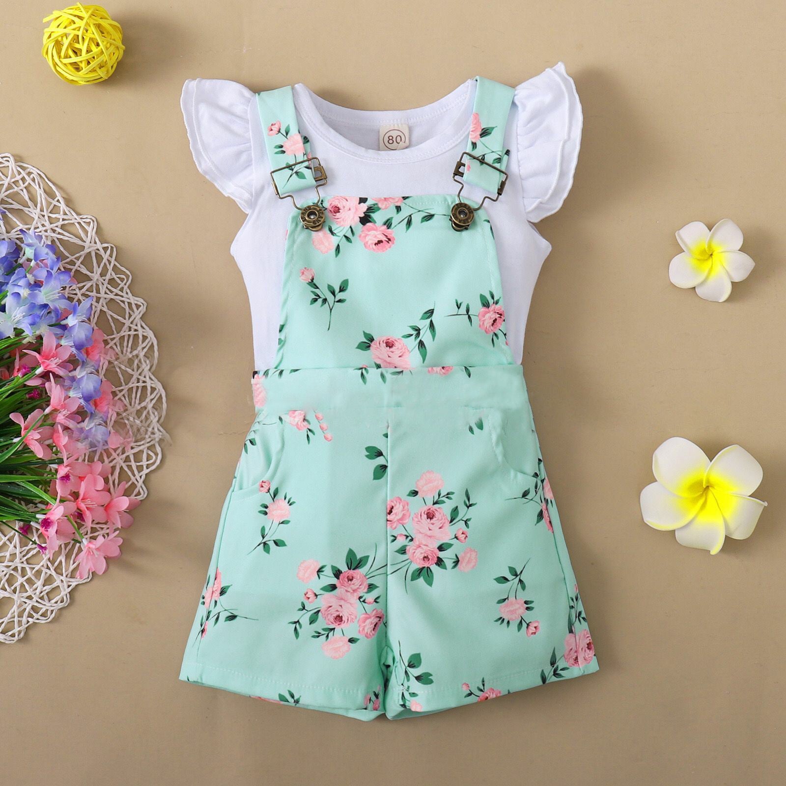 Floral Suspender Pants Suit with Short-Sleeve T-shirt - AmiraMart