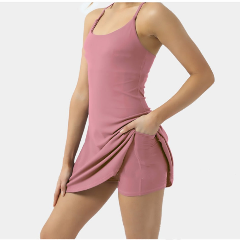 Pink dress worn by a person on a white background