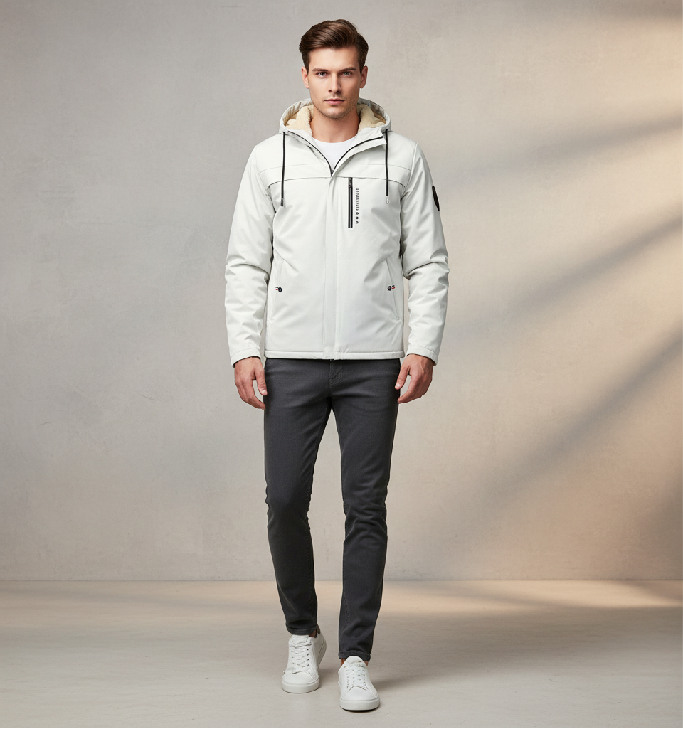 A man stands facing forward wearing a light off-white hooded jacket with black zipper details, dark charcoal pants, and white sneakers against a neutral beige studio backdrop.