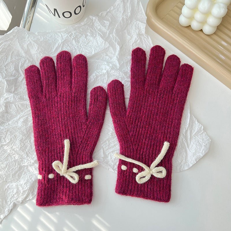 Autumn And Winter New Bow Pure Color Warm Gloves - AmiraMart