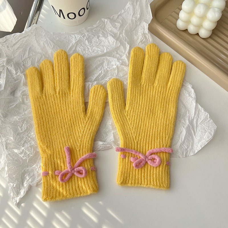 Autumn And Winter New Bow Pure Color Warm Gloves - AmiraMart