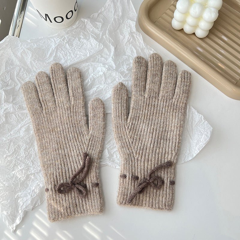Autumn And Winter New Bow Pure Color Warm Gloves - AmiraMart