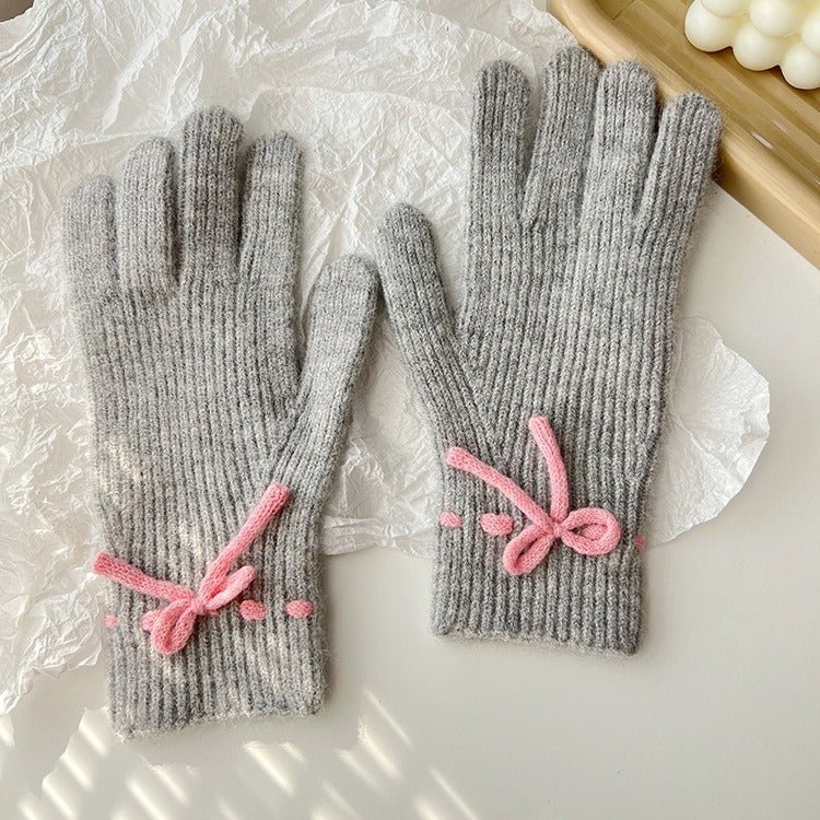Autumn And Winter New Bow Pure Color Warm Gloves - AmiraMart