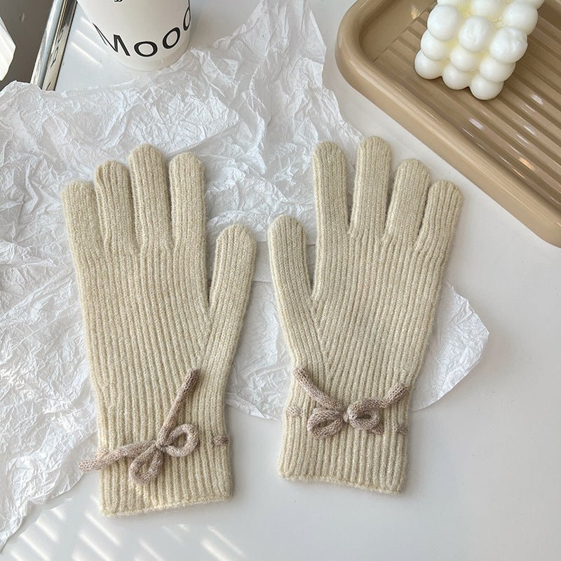 Autumn And Winter New Bow Pure Color Warm Gloves - AmiraMart