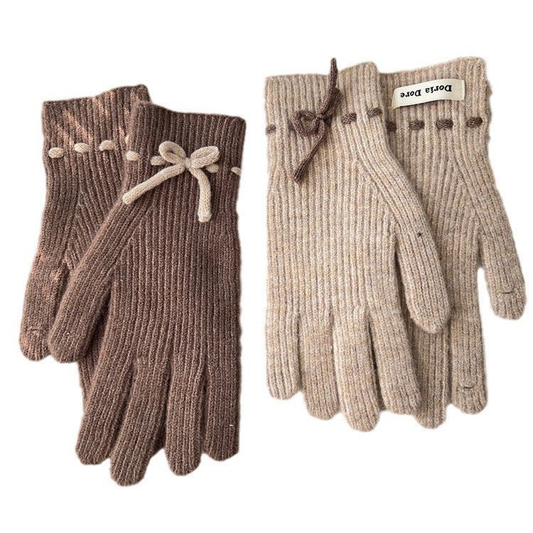 Autumn And Winter New Bow Pure Color Warm Gloves - AmiraMart