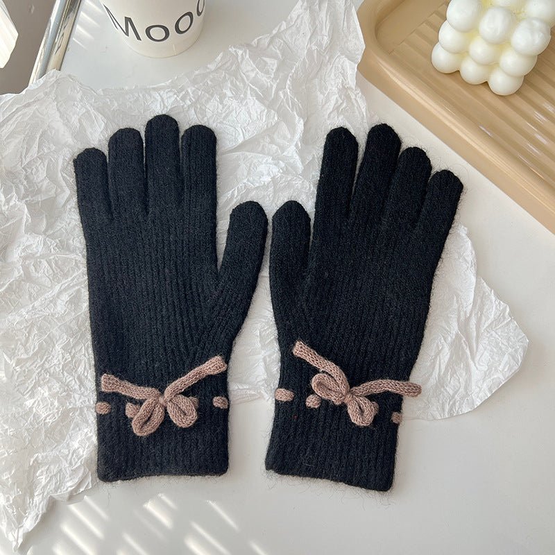 Autumn And Winter New Bow Pure Color Warm Gloves - AmiraMart