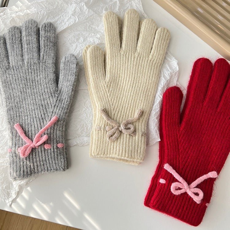 Autumn And Winter New Bow Pure Color Warm Gloves - AmiraMart
