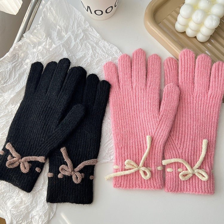 Autumn And Winter New Bow Pure Color Warm Gloves - AmiraMart