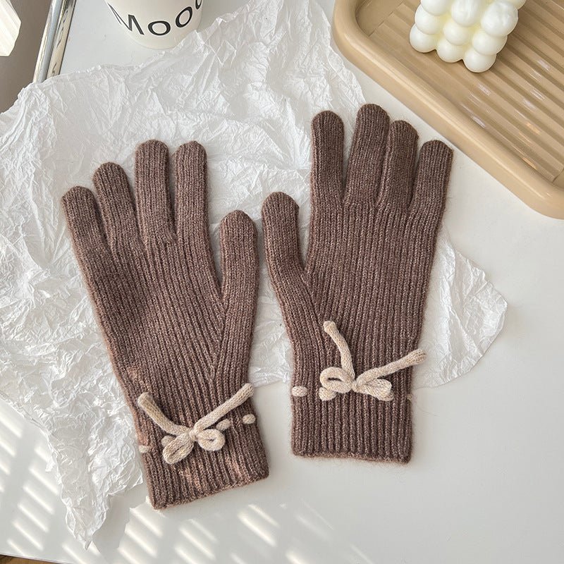 Autumn And Winter New Bow Pure Color Warm Gloves - AmiraMart
