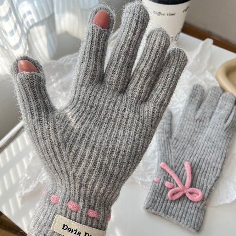 Autumn And Winter New Bow Pure Color Warm Gloves - AmiraMart