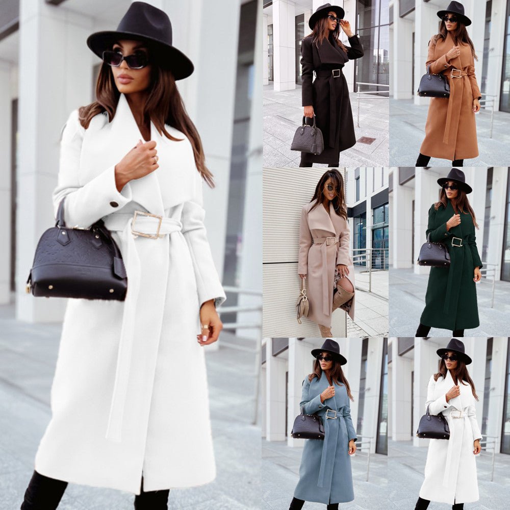 Autumn And Winter Simplicity Long Sleeve Button V - neck Lace Up Woolen Coat - AmiraMart