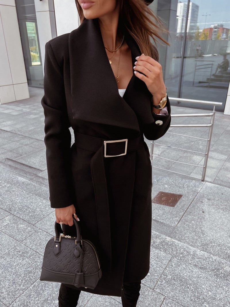 Autumn And Winter Simplicity Long Sleeve Button V - neck Lace Up Woolen Coat - AmiraMart