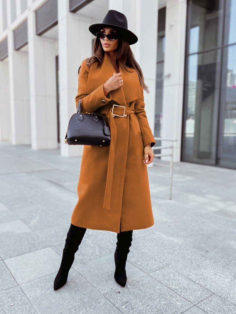 Autumn And Winter Simplicity Long Sleeve Button V - neck Lace Up Woolen Coat - AmiraMart