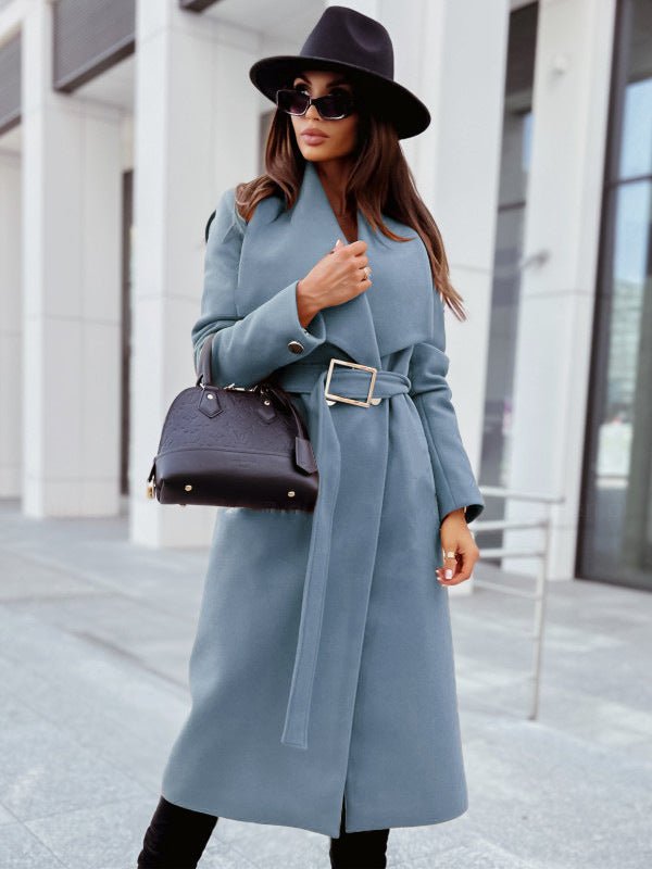 Autumn And Winter Simplicity Long Sleeve Button V - neck Lace Up Woolen Coat - AmiraMart