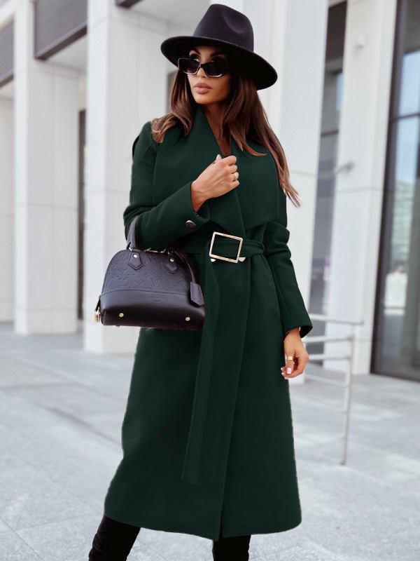 Autumn And Winter Simplicity Long Sleeve Button V - neck Lace Up Woolen Coat - AmiraMart