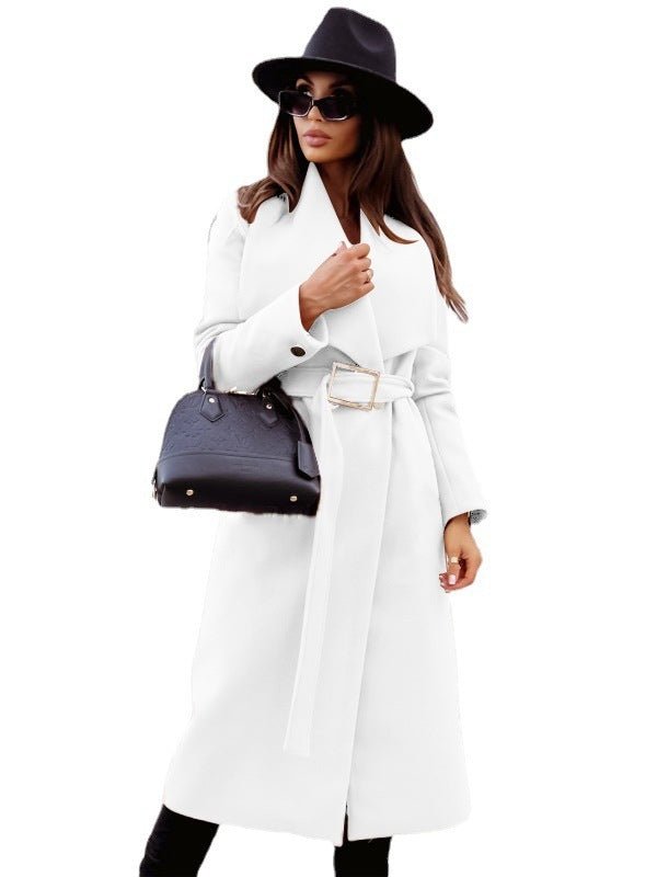 Autumn And Winter Simplicity Long Sleeve Button V - neck Lace Up Woolen Coat - AmiraMart