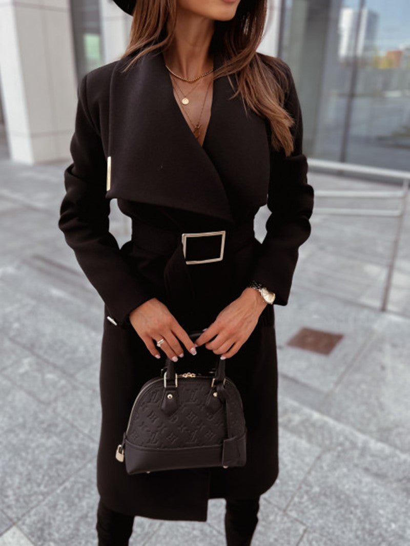 Autumn And Winter Simplicity Long Sleeve Button V - neck Lace Up Woolen Coat - AmiraMart