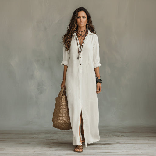 Woman wearing a long white shirt dress holding a woven bag against a neutral background