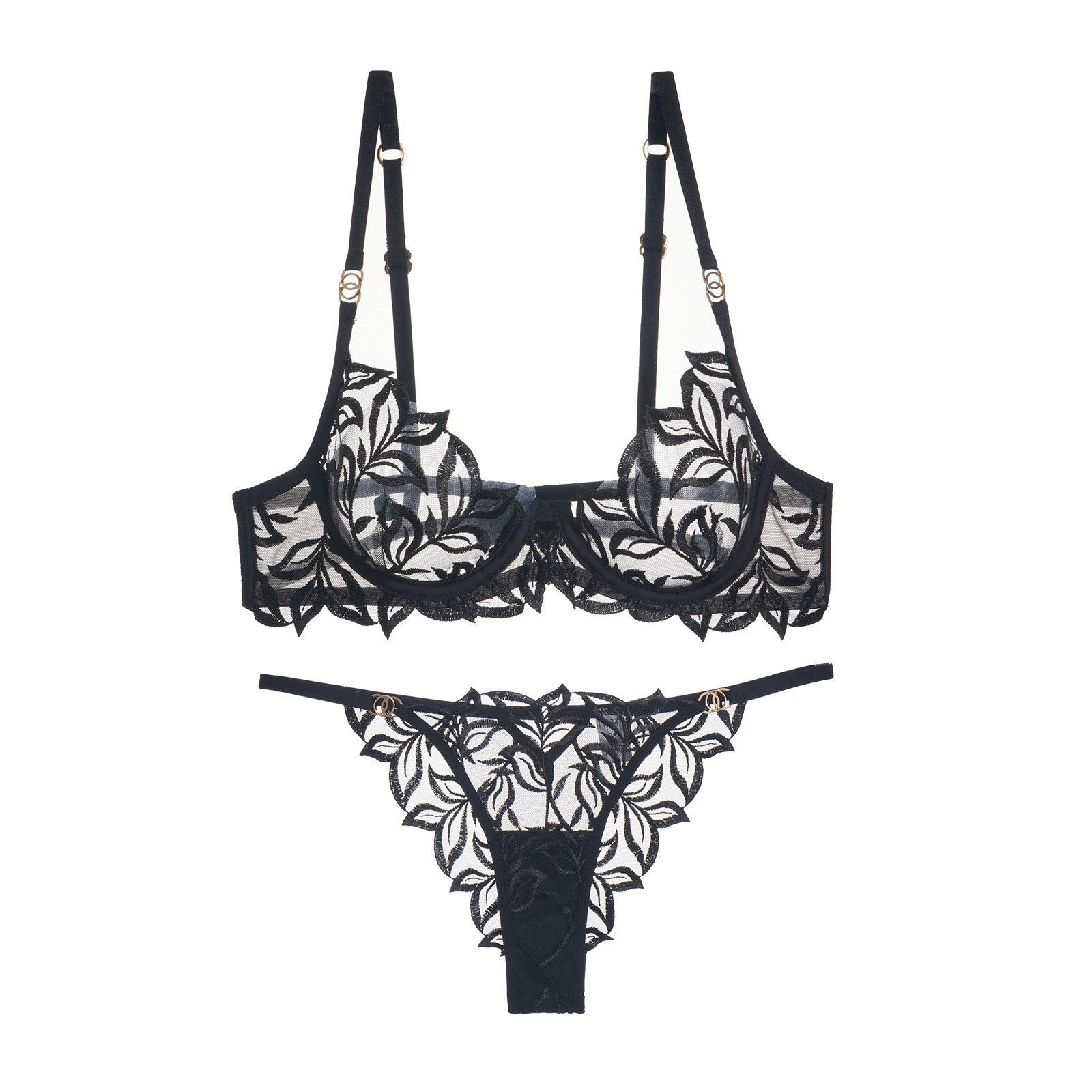 Black lace lingerie set on a white background