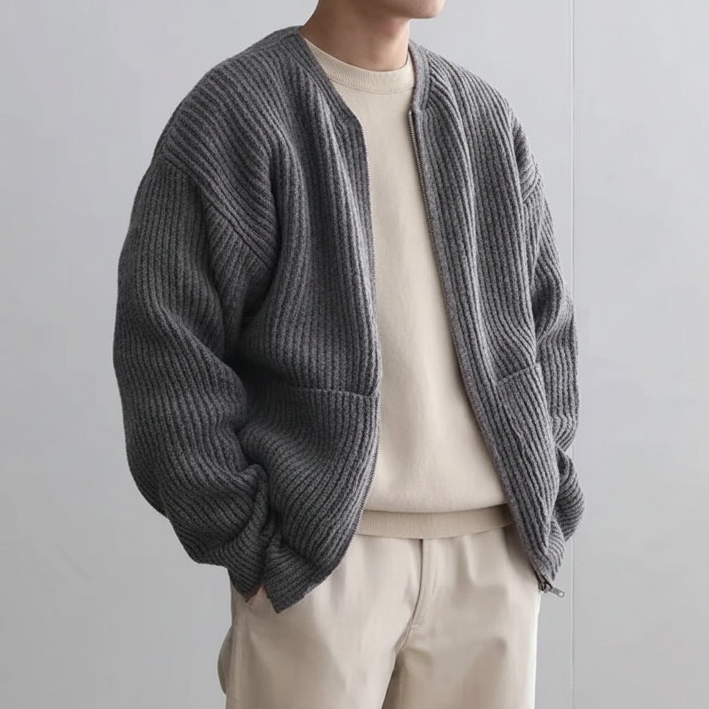 Men's Zip Up Knit Cardigan - Lined Funnel Neck Coat with Pockets - AmiraMart