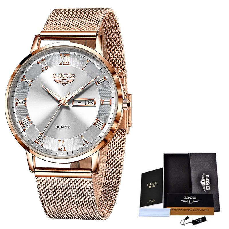 Thin Ladies Quartz Dual Calendar Waterproof Watch - AmiraMart