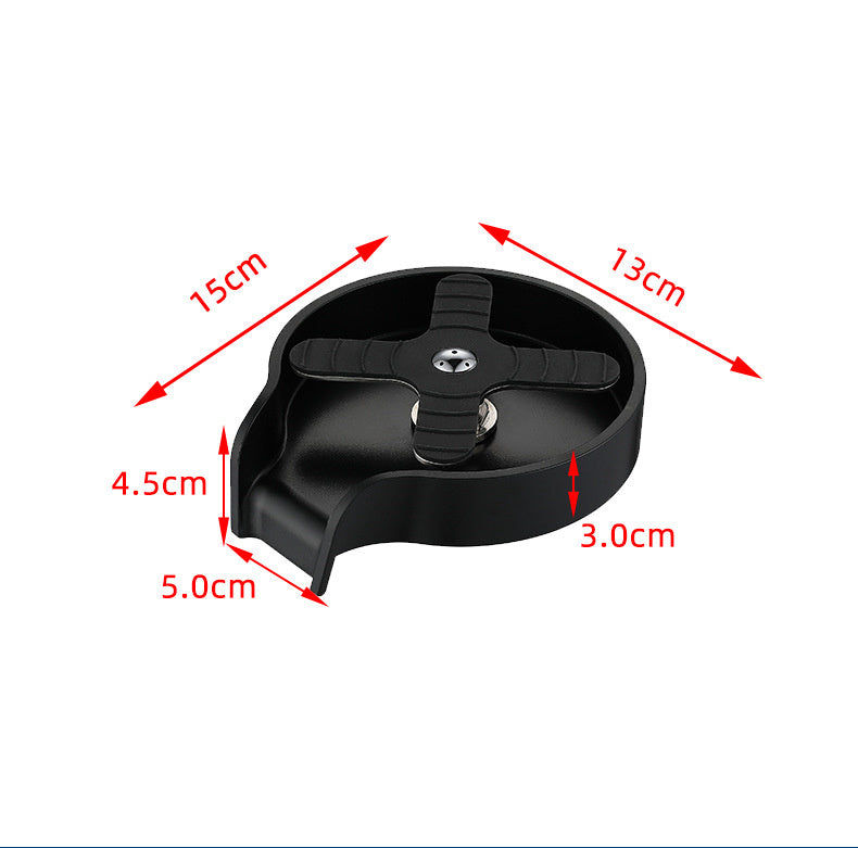 Black plastic component with dimensions marked on a white background