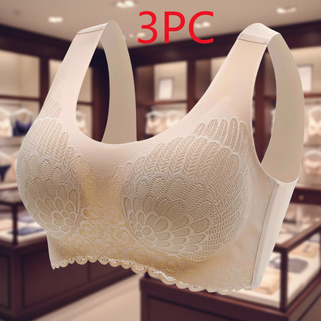 Beige lace bralette with '3PC' text on a white background