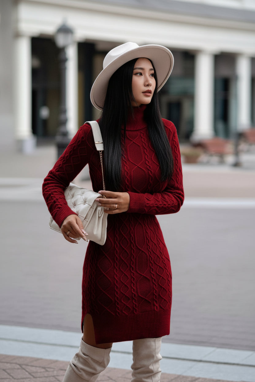 Person wearing a red cable knit sweater dress with white boots and a beige handbag.