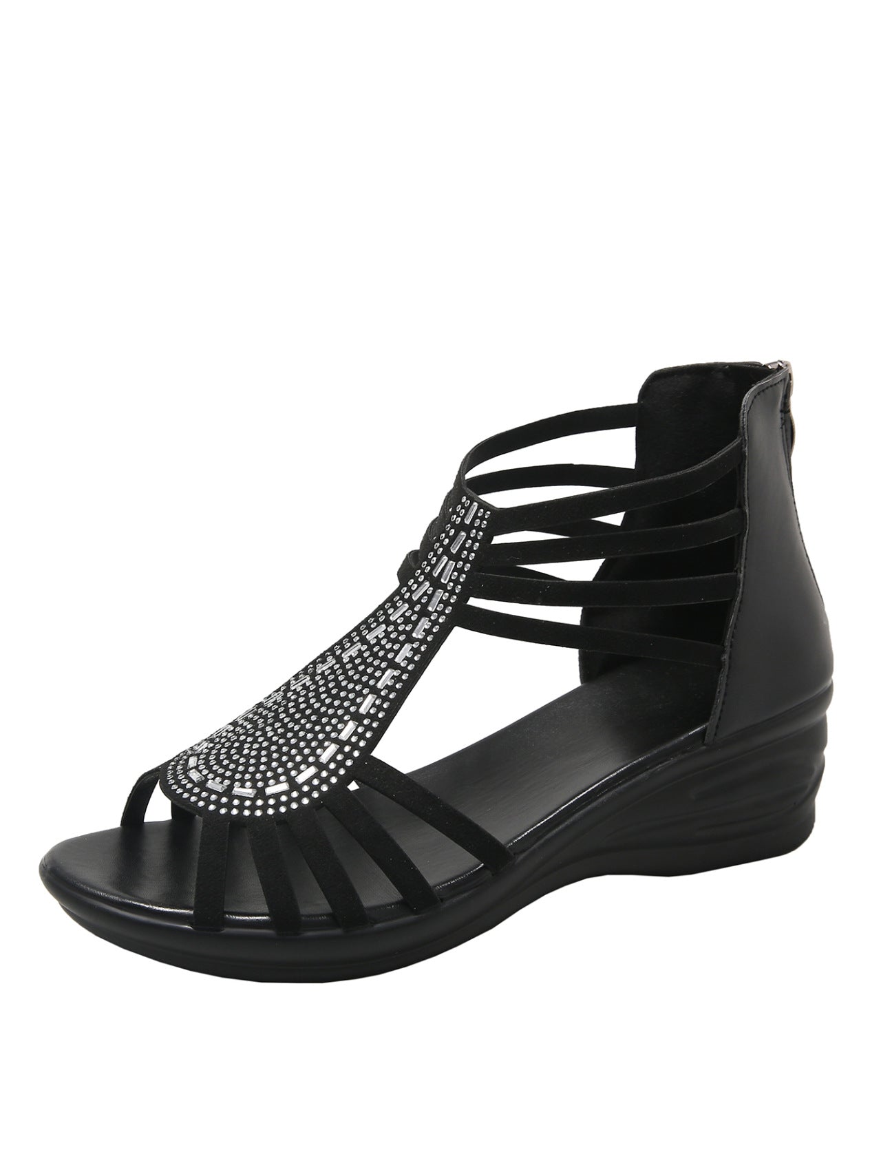 Black sandal with embellishments on a white background