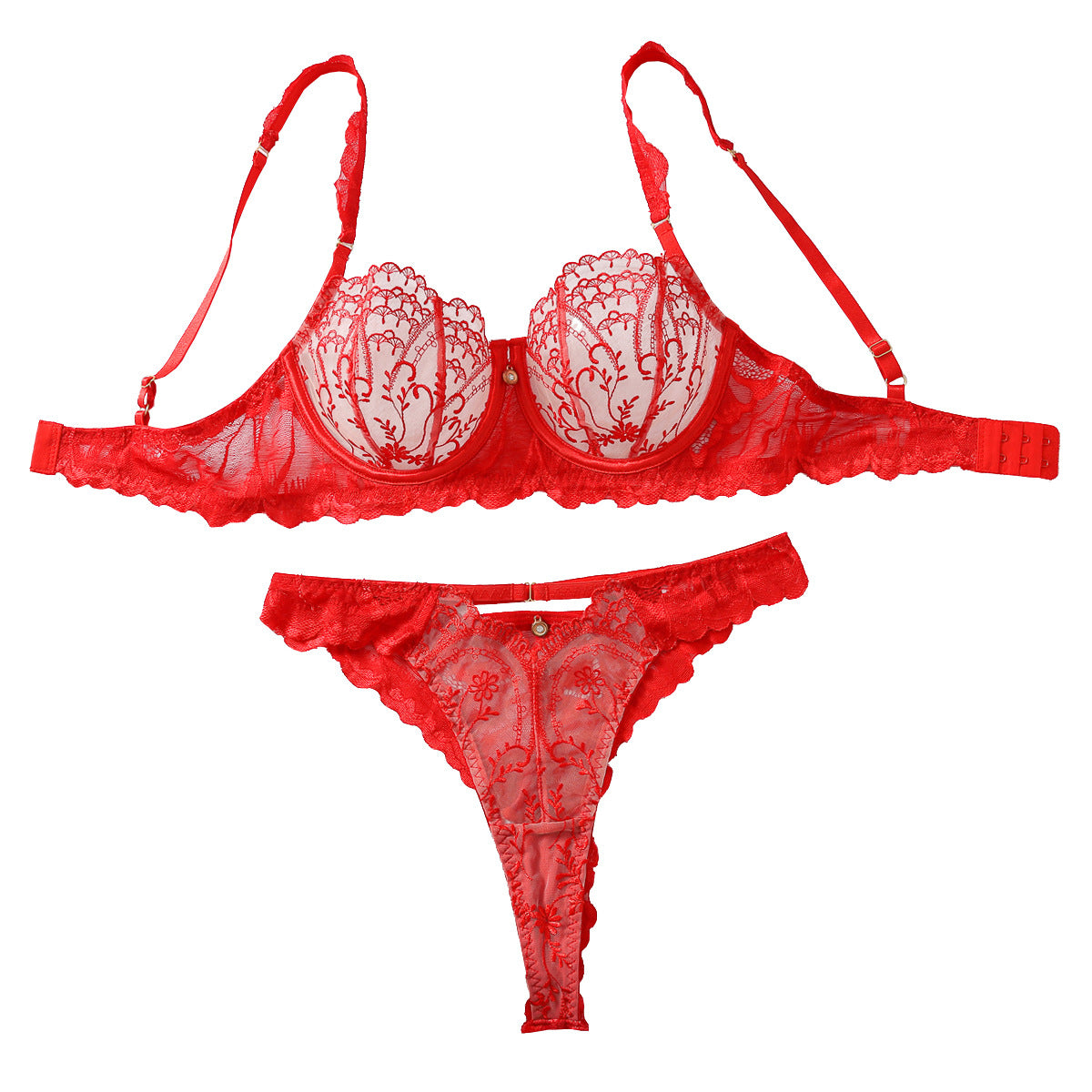 Red lace lingerie set on a white background