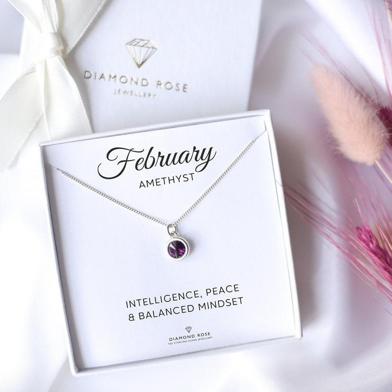 Amethyst necklace on a Diamond Rose Jewellery card with descriptive text.