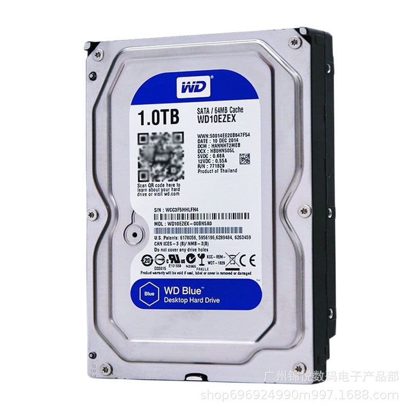 Western Digital Blue 1.0TB hard drive on a white background