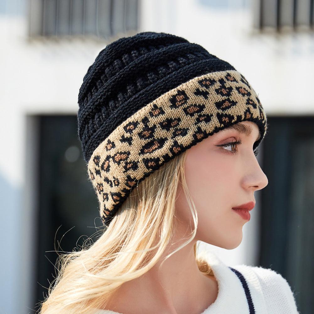 Beanie Women's Warm Leopard Print Knitted Hat Winter - AmiraMart