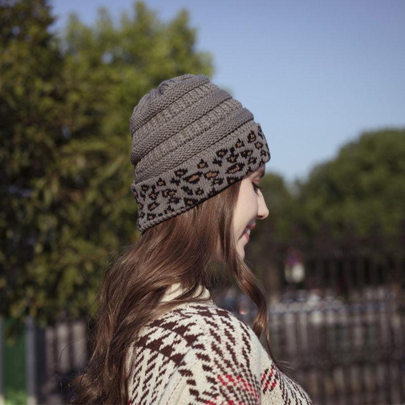 Beanie Women's Warm Leopard Print Knitted Hat Winter - AmiraMart