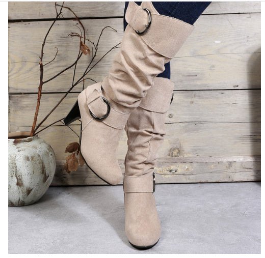 Belt Buckle Mid - Calf Boots for Women - Chunky Heel Boots - AmiraMart