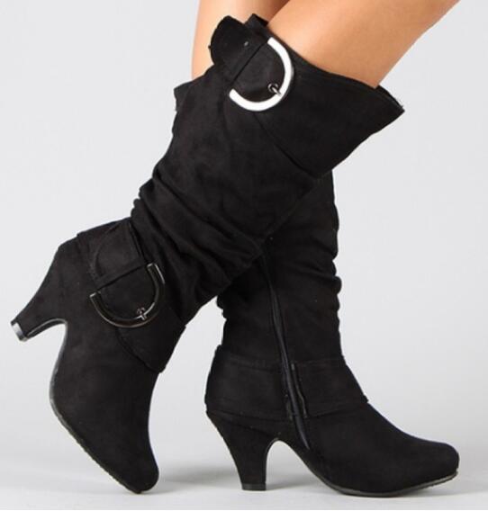 Belt Buckle Mid - Calf Boots for Women - Chunky Heel Boots - AmiraMart